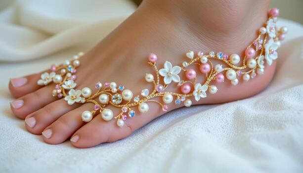A delicate anklet adorned with tiny crystal flowers, pearls, and gemstones intertwined in a graceful floral pattern. photo
