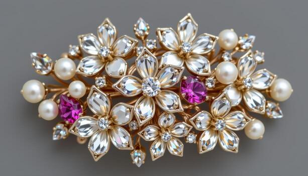 A bold statement brooch with layered crystal flowers, scattered pearls, and radiant gemstones in a sophisticated pattern. photo