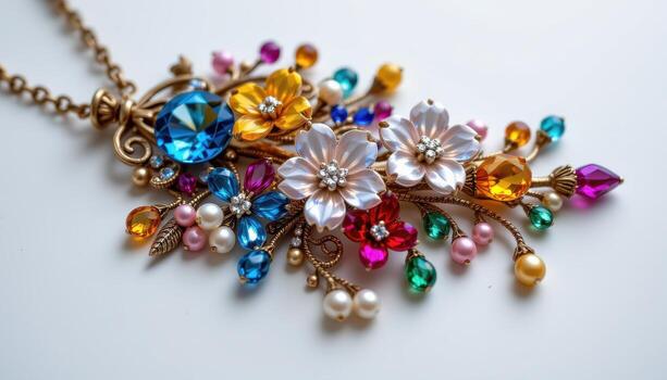 A stunning pendant featuring crystal flowers, pearls, and colorful gemstones intertwined in a delicate flowing pattern. photo