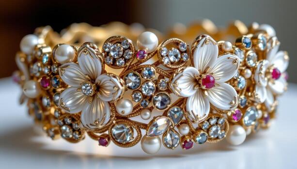 A bold cuff bracelet encrusted with crystal flowers, pearls, and gemstones in an intricate intertwining pattern. photo