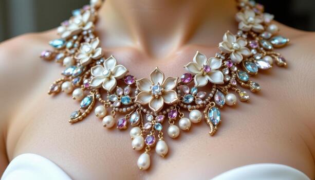 A statement necklace with crystal flowers, pearls, and gemstones cascading in an elaborate elegant design. photo