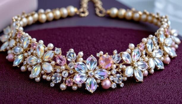 A choker featuring crystal flowers, tiny pearls, and sparkling gemstones arranged in an elegant harmonious pattern. photo