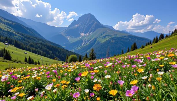 Lush mountain peaks tower above a meadow awash with wildflowers of every shape, size, and color. photo