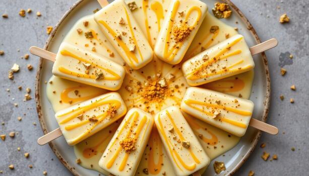 A top view of frozen kulfi bars arranged in a circular pattern with saffron milk drizzles and edible silver leaf. photo