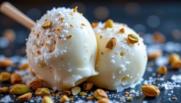 A dramatic macro shot of frozen kulfi with visible ice crystals and pistachio bits. photo