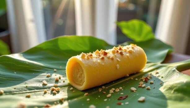 kulfi en plátano hoja debajo difundido Mañana ligero. foto