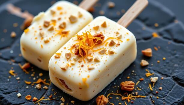 A macro shot of frozen kulfi with visible saffron strands and chopped nuts embedded in creamy texture, placed on a dark stone surface. photo