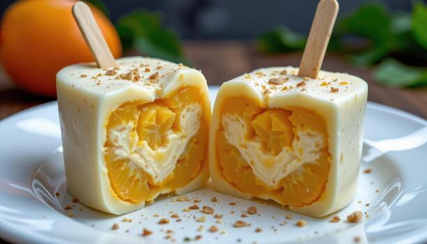 Kulfi with layers of mango and cream visible, sliced open and photographed under soft lighting. photo