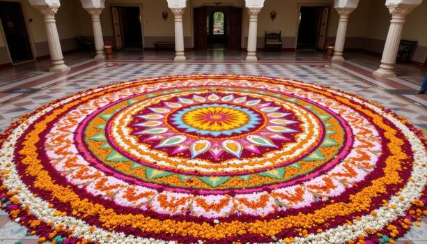 A magnificent Onampukalam design covering the courtyard floor, created using marigold, lotus, and jasmine petals in harmonious circular symmetry. photo
