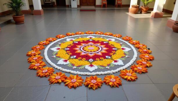 A beautifully detailed Onampukalam rangoli in the center of a serene courtyard, with concentric circles of bright orange, yellow, and white petals forming geometric floral patterns. photo