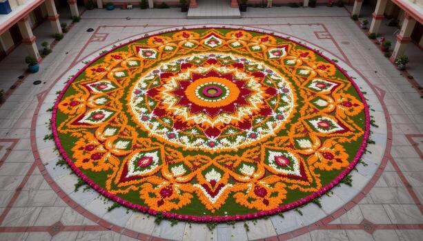 A mesmerizing circular Onampukalam flower design covering a large courtyard, with intricate geometric patterns made from saffron, white, and pink petals. photo