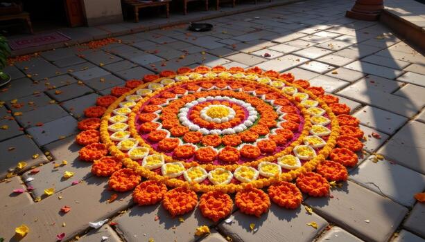A vivid Onampukalam rangoli glowing softly under sunlight, with orange, yellow, and white petals forming layered circular patterns across a stone courtyard. photo
