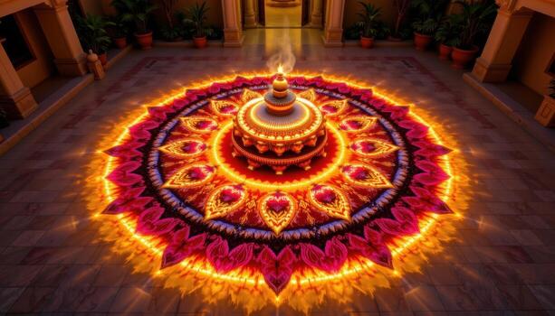 A dazzling Onampukalam mandala glowing softly in the courtyard, with petals arranged in geometric patterns and layers of contrasting colors. photo
