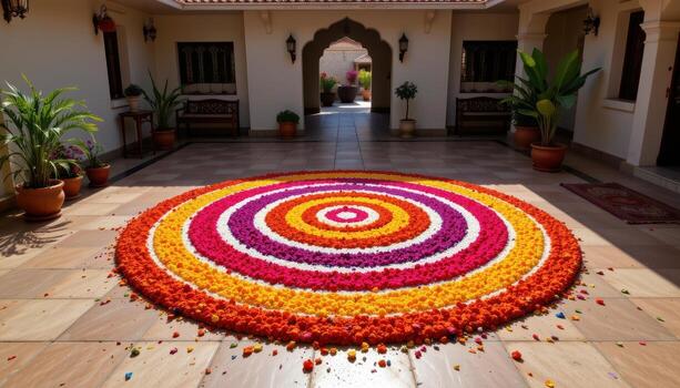 A stunning Onampukalam rangoli in the center of a sunlit courtyard, made of alternating rings of marigold and rose petals forming symmetrical patterns. photo