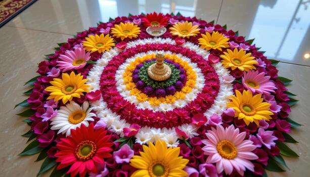A detailed Onampukalam floral arrangement made of colorful petals forming geometric circular patterns and radiating outward from the center. photo