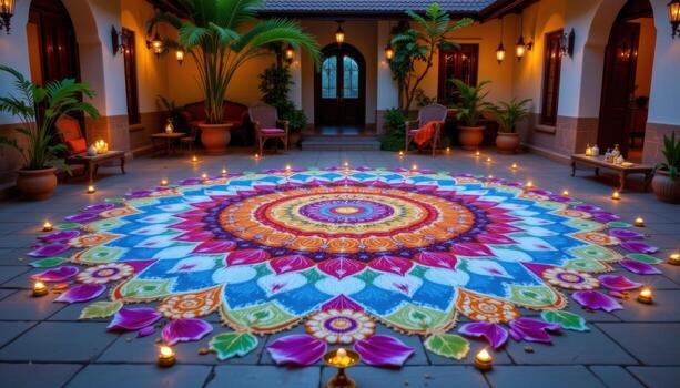 A vivid Onampukalam rangoli spread across a serene courtyard, with symmetrical petal patterns and soft light reflecting off brass lamps. photo