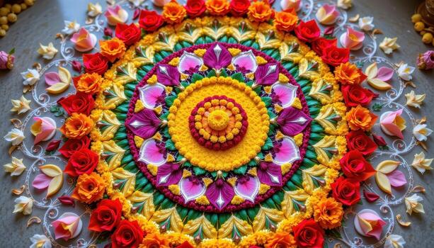 A vibrant Onampukalam mandala radiating outward with rings of marigold, lotus, and rose petals, creating harmonious patterns. photo