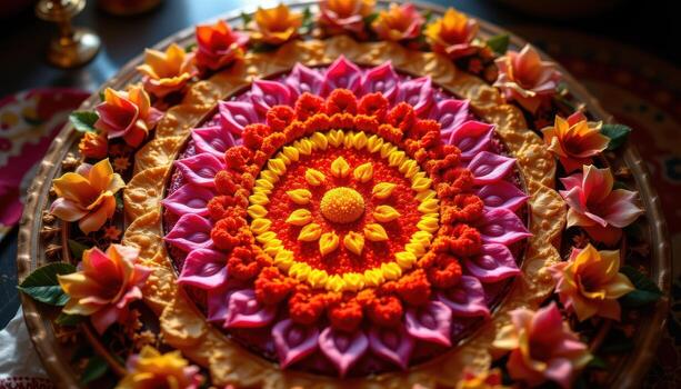 A radiant Onampukalam flower mandala glowing under soft sunlight, with concentric layers of petals creating a festive atmosphere. photo