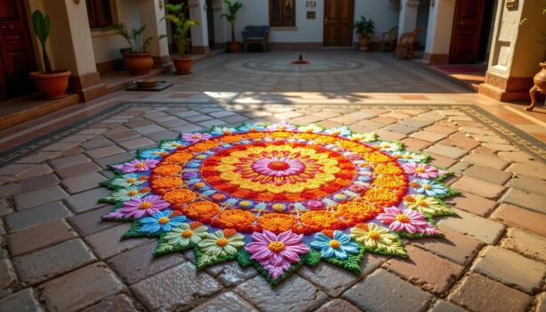 A radiant Onampukalam rangoli with concentric floral patterns glowing under soft sunlight in the center of a courtyard. photo