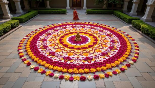 A mesmerizing Onampukalam mandala created with thousands of petals forming geometric floral patterns in a peaceful courtyard. photo