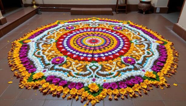 A beautiful Onampukalam rangoli featuring intricate floral patterns and symmetrical petal arrangements across a traditional courtyard. photo