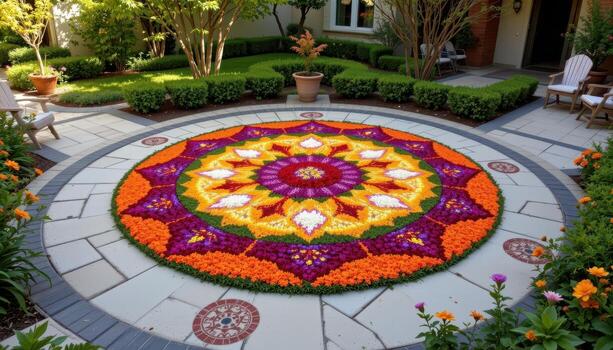 A circular flower mandala created in the courtyard with petals forming intricate geometric patterns. photo