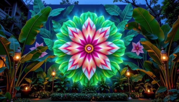 A large Onampukalam flower pattern surrounded by banana leaves and flickering lamps under soft light. photo