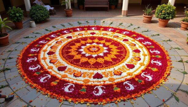 A large floral rangoli covering the courtyard with artistic circular patterns of petals. photo