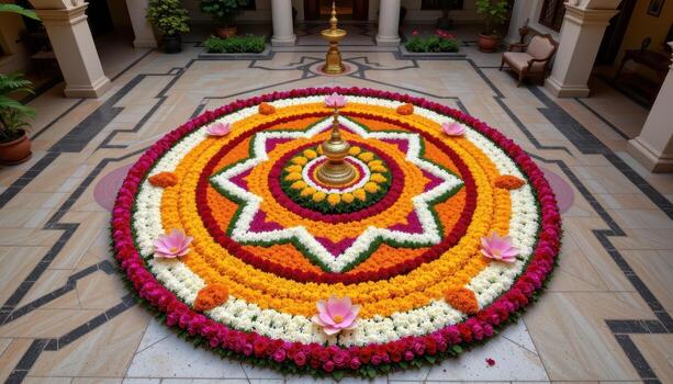 A large Onampukalam flower arrangement forming a mandala in the center of the courtyard, with overlapping rings of marigolds, roses, and lotus petals creating harmony in color and pattern. photo
