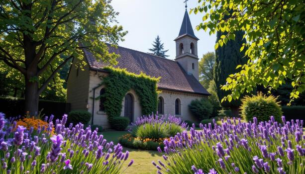 A medieval church in a garden filled with lavender and climbing vines illuminated by sunlight through trees. photo