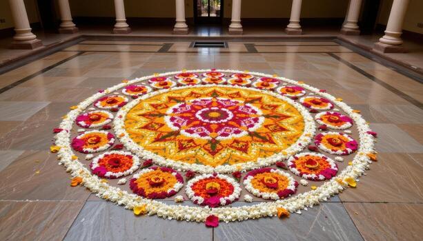 A mesmerizing Onampukalam pattern in the courtyard made of circular floral designs, carefully placed petals of orange, yellow, white, and pink hues forming intricate geometric patterns. photo