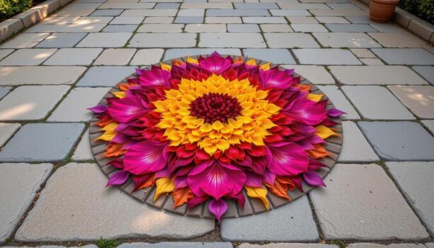 A mesmerizing floral pattern made of vibrant petals arranged perfectly on a smooth stone courtyard. photo