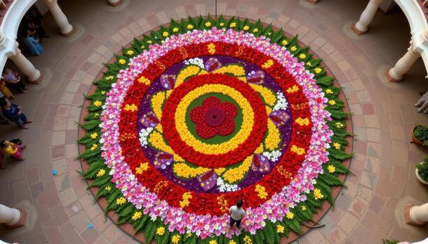 A circular Onampukalam pattern made of vivid flower petals radiating from the courtyard center. photo
