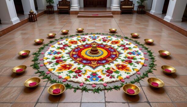 A traditional flower pattern arranged symmetrically on the courtyard floor surrounded by brass diyas. photo