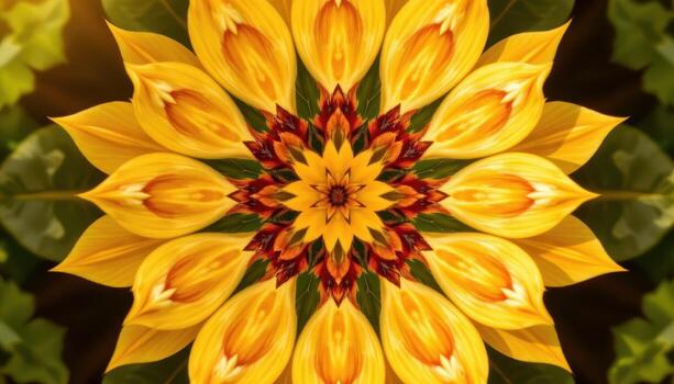 A festive Onampukalam flower pattern glowing in warm sunlight with perfect geometric symmetry. photo