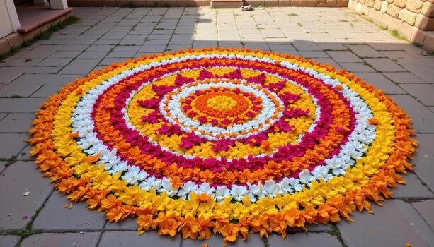 A vibrant Onampukalam artwork featuring alternating layers of yellow, orange, white, and pink petals arranged in a symmetrical pattern across a stone courtyard. photo