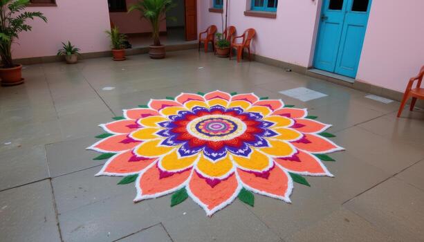 A radiant Onampukalam flower rangoli in a peaceful courtyard, with layered petals forming detailed circular patterns radiating from the center. photo
