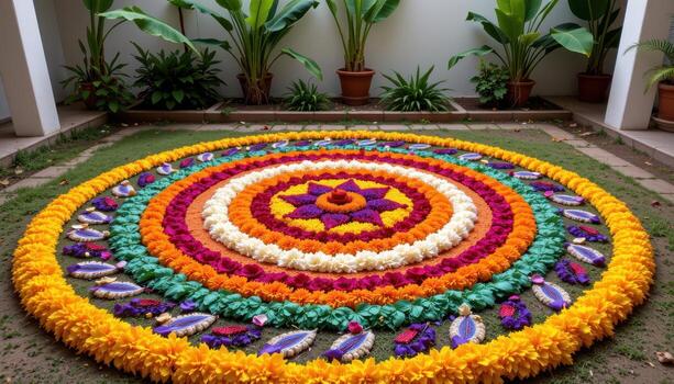 A detailed flower arrangement for Onam, creating concentric circular patterns of colorful petals across a quiet courtyard, surrounded by banana leaves. photo