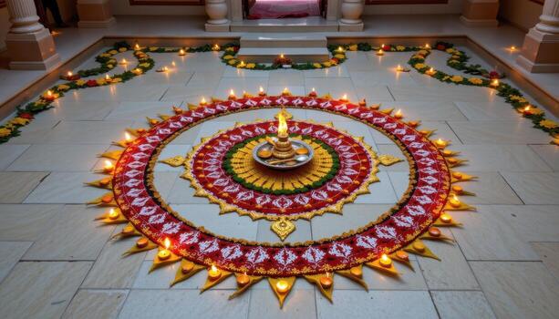 A traditional Onampukalam mandala arranged with precise symmetry on a smooth stone courtyard, surrounded by flickering diyas and banana leaf decorations. photo