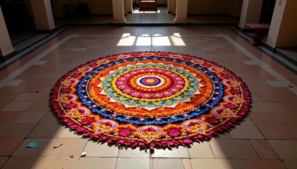 un detallado onampukalam mandala con vistoso pétalos formando geométrico formas en concéntrico capas a través de un iluminado por el sol patio piso. foto