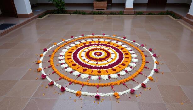 A mesmerizing Onampukalam design radiating outward in concentric circles, made from carefully arranged marigold, jasmine, and rose petals in a serene courtyard. photo