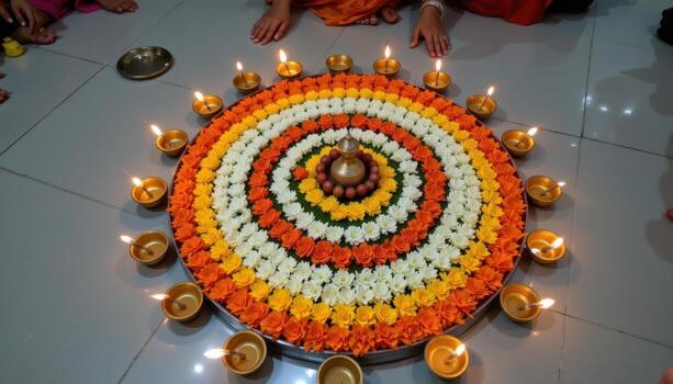 A traditional Onampukalam flower arrangement illuminated by brass diyas, featuring concentric circular patterns of orange, white, and yellow petals. photo