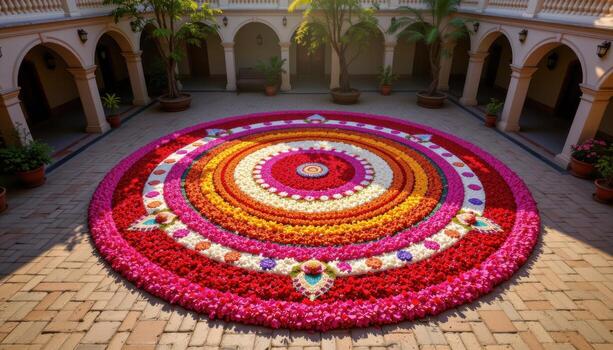 A traditional Onampukalam design made of thousands of petals forming circular patterns and glowing under the warm courtyard sunlight. photo