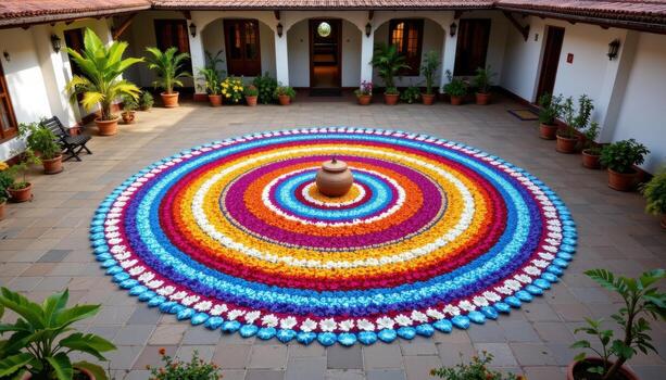 A stunning Onampukalam design created with thousands of colorful flower petals in concentric circular patterns, filling a quiet Kerala style courtyard. photo