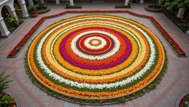 A grand Onampukalam artwork with alternating rings of orange, yellow, white, and pink petals creating geometric floral patterns in a serene courtyard. photo
