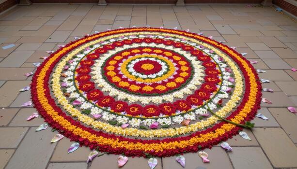 A traditional Onampukalam design with geometric circular patterns made of thousands of flower petals arranged symmetrically across a stone courtyard. photo