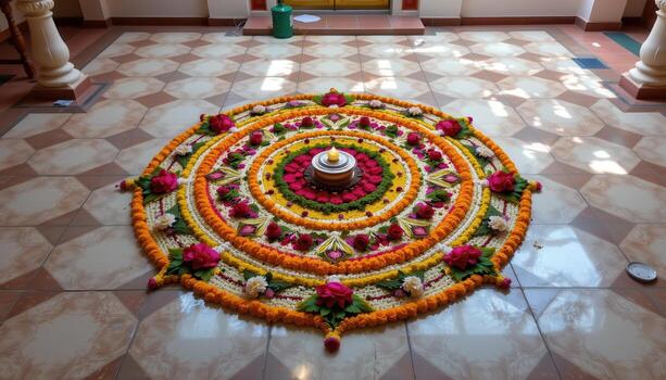 A meticulously arranged Onampukalam mandala covering the courtyard floor, with circular patterns of marigolds, roses, and jasmine forming intricate symmetry. photo