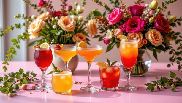 A festive display of cocktails in layered colors, paired with lush floral arrangements and trailing greenery, with soft reflections dancing across the table. photo