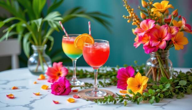 A colorful tabletop scene with rainbow cocktails, tropical flowers, and trailing greenery, with soft reflections highlighting the textures and colors. photo