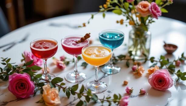 A sophisticated tabletop scene with layered cocktails in vivid hues, surrounded by floral decorations and trailing greenery. photo